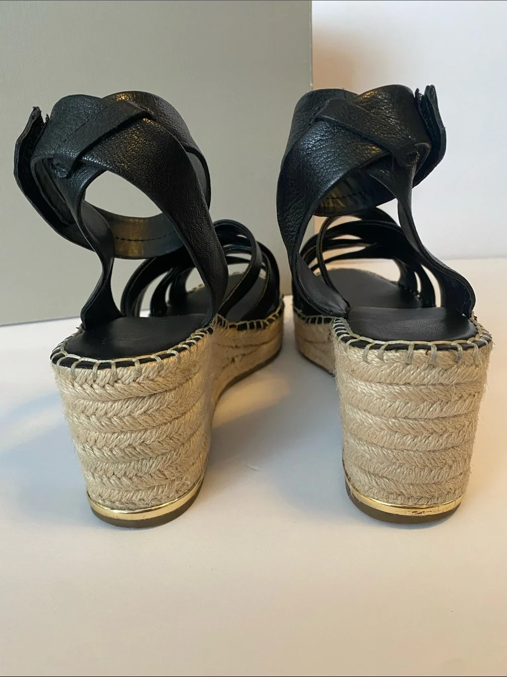 Franco Sarto Black Leather Espadrille Wedge Sandals with Ankle Strap Size 10